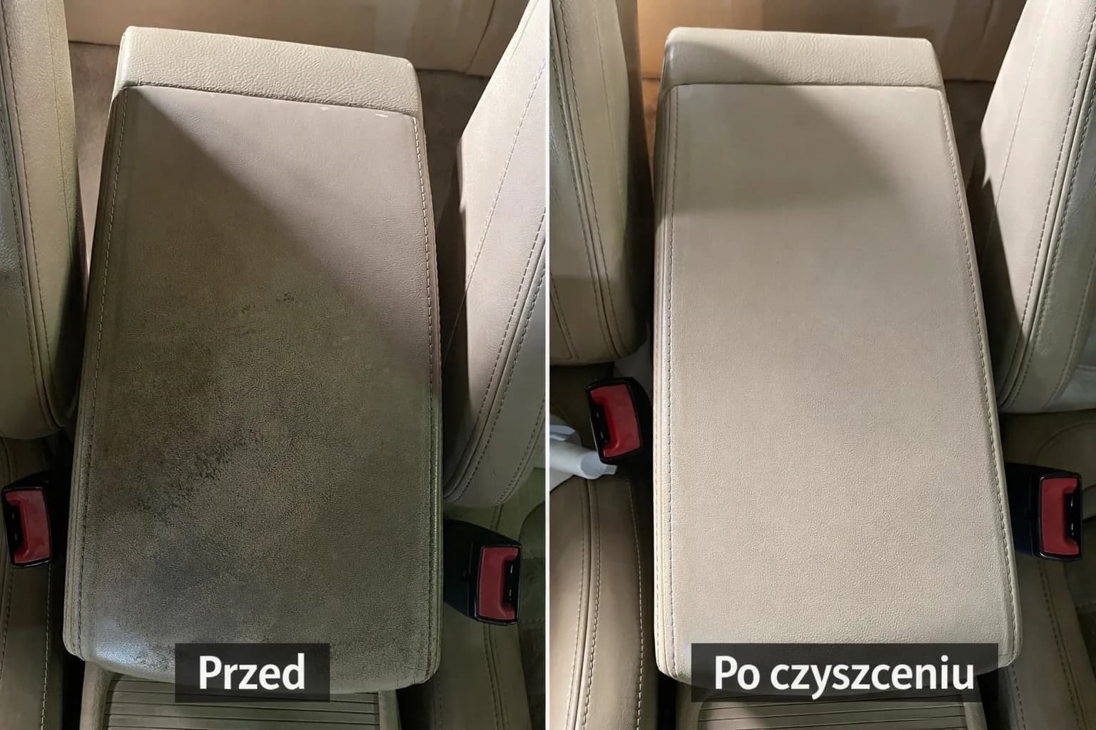 Skórzany podłokietnik przed i po czyszczeniu