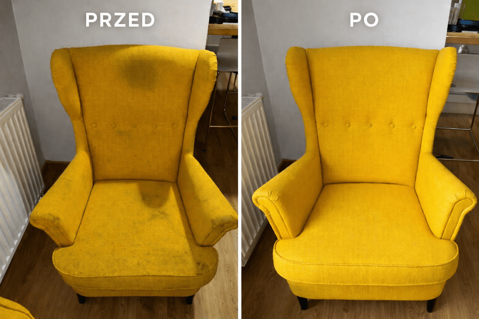 Fotel przed i po czyszczeniu tapicerki meblowej Lider Prania