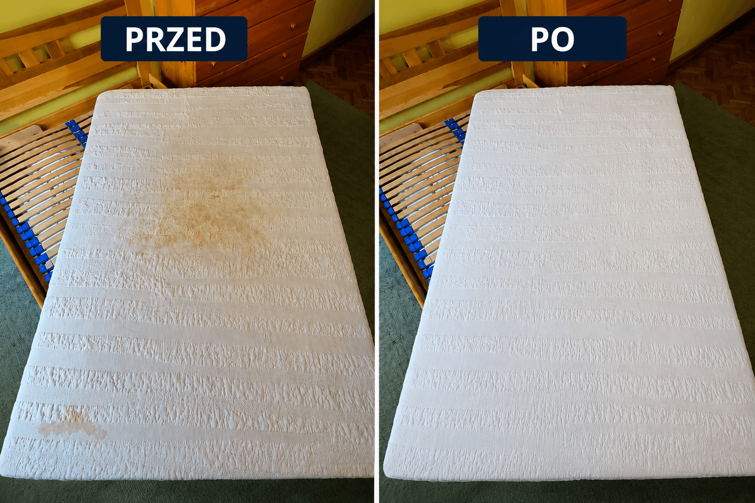 Materac przed i po czyszczeniu tapicerki meblowej Lider Prania