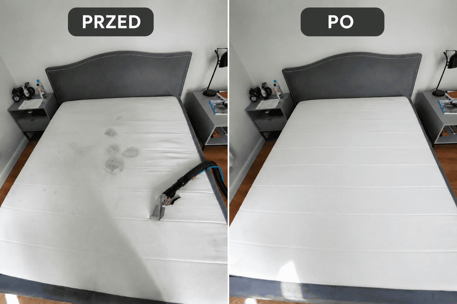 Materac przed i po czyszczeniu tapicerki meblowej Lider Prania