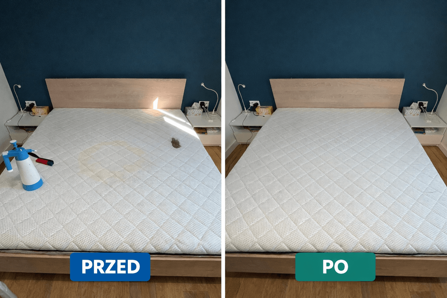 Materac przed i po czyszczeniu tapicerki meblowej Lider Prania