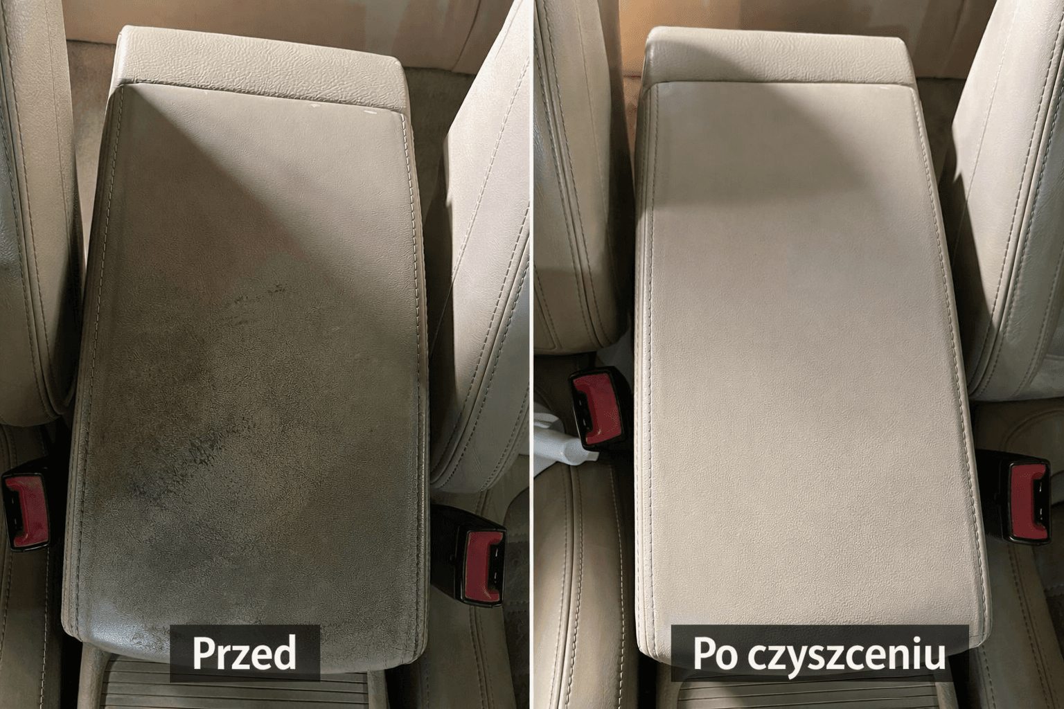 Podłokietnik przed i po czyszczeniu tapicerki skórzanej Lider Prania